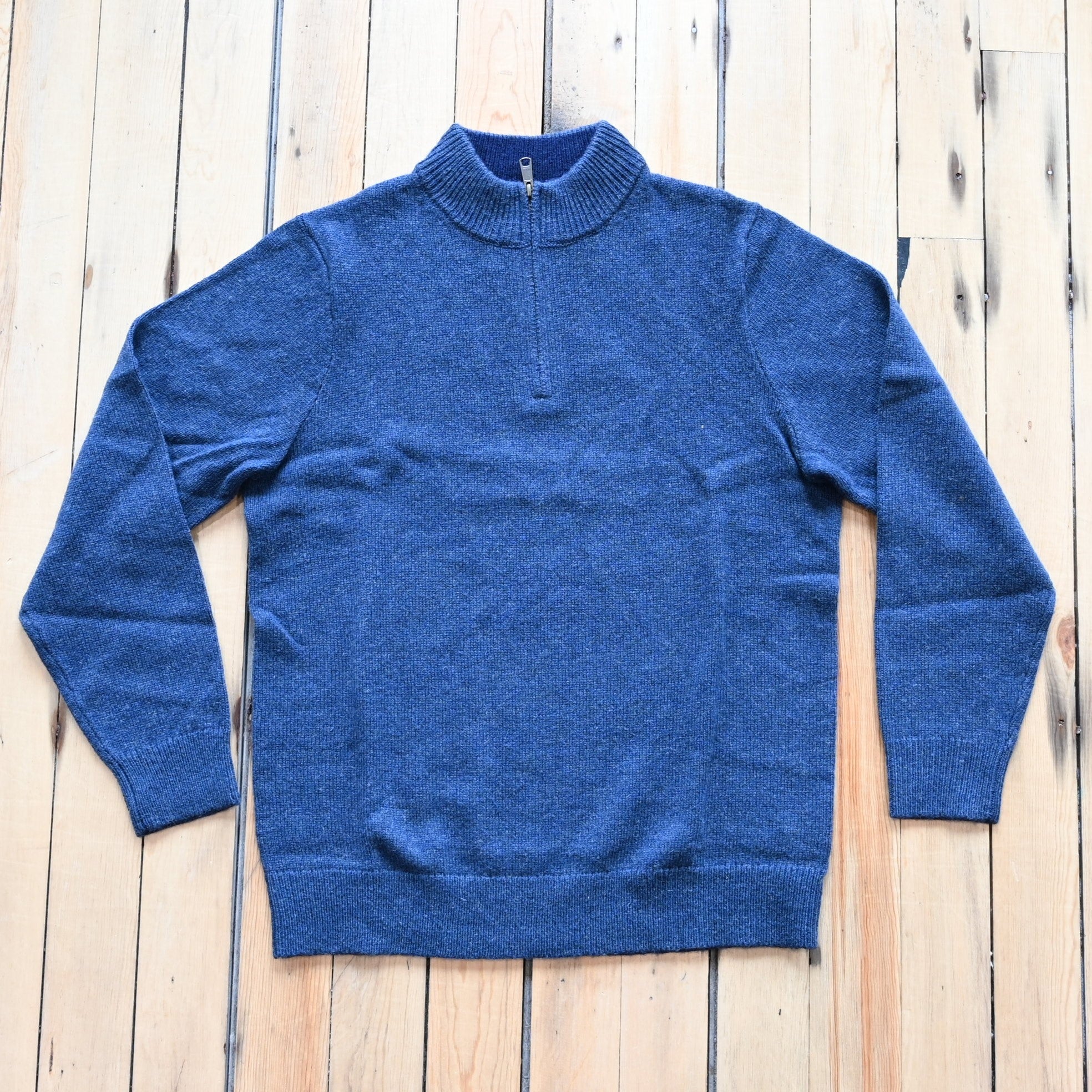 View of Pendleton men’s Shetland wool ¼ zip sweater in Dark Blue Heather with mock neck
