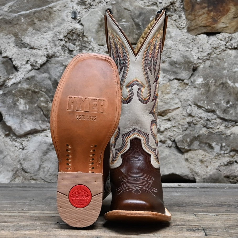 Hyer Augusta 13″ boot with metallic bone cowhide top and saddle tan vamp, square toe and leather heel