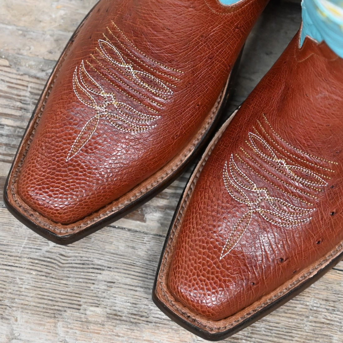 View of Rios of Mercedes ladies 16″ emerald top boot with almond ostrich vamp and yellow floral detail