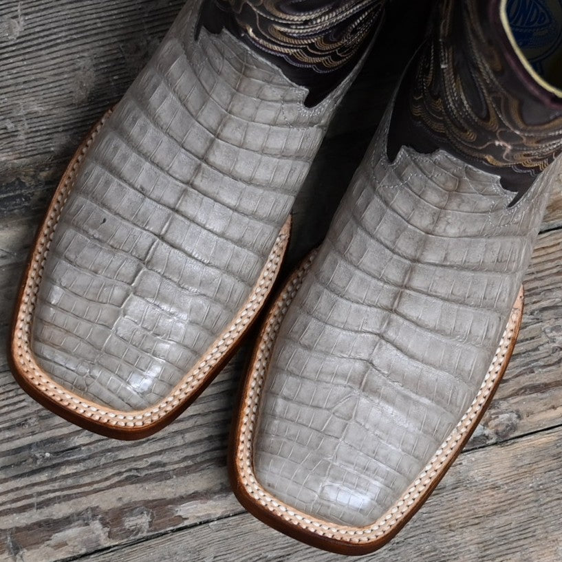 Hondo 13 inch cowboy boot with smoke caiman crocodile belly vamp and burgundy leather shaft