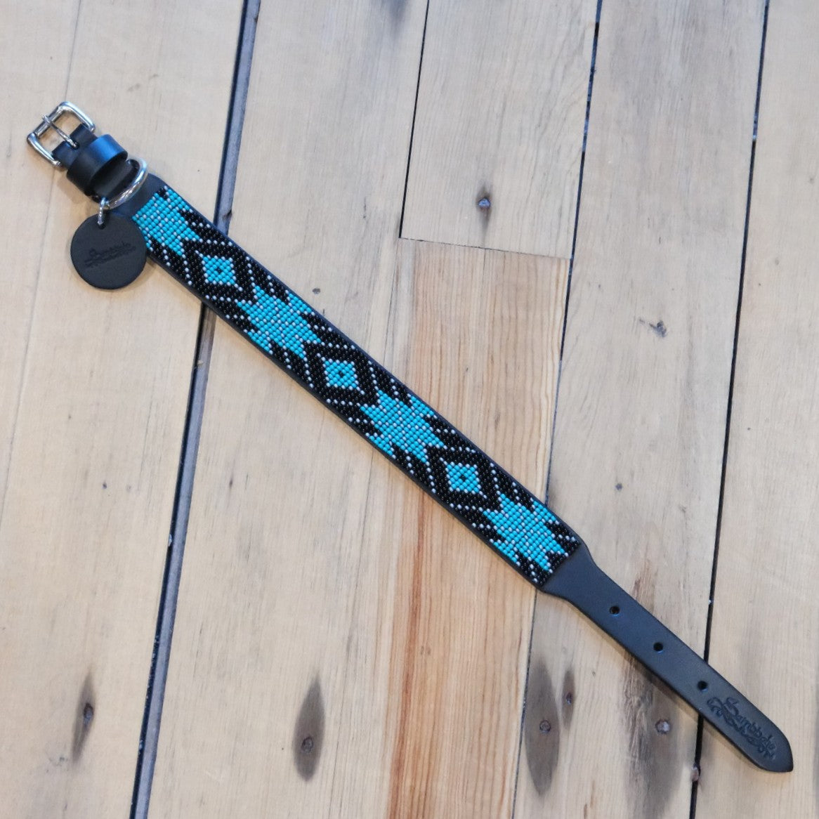 Sambboho Saint Barth Deluxe Edition dog collar with blue, silver, and black glass beads on full-grain leather.