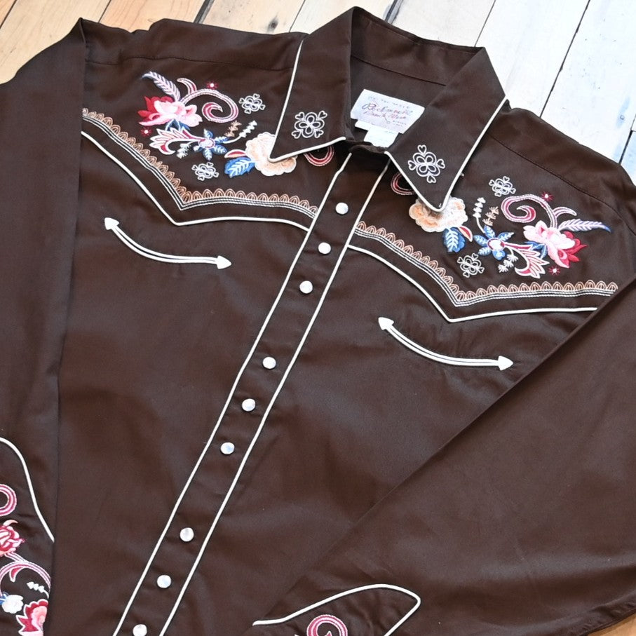 View of Brown Western shirt with tonal floral embroidery and Western smile pockets