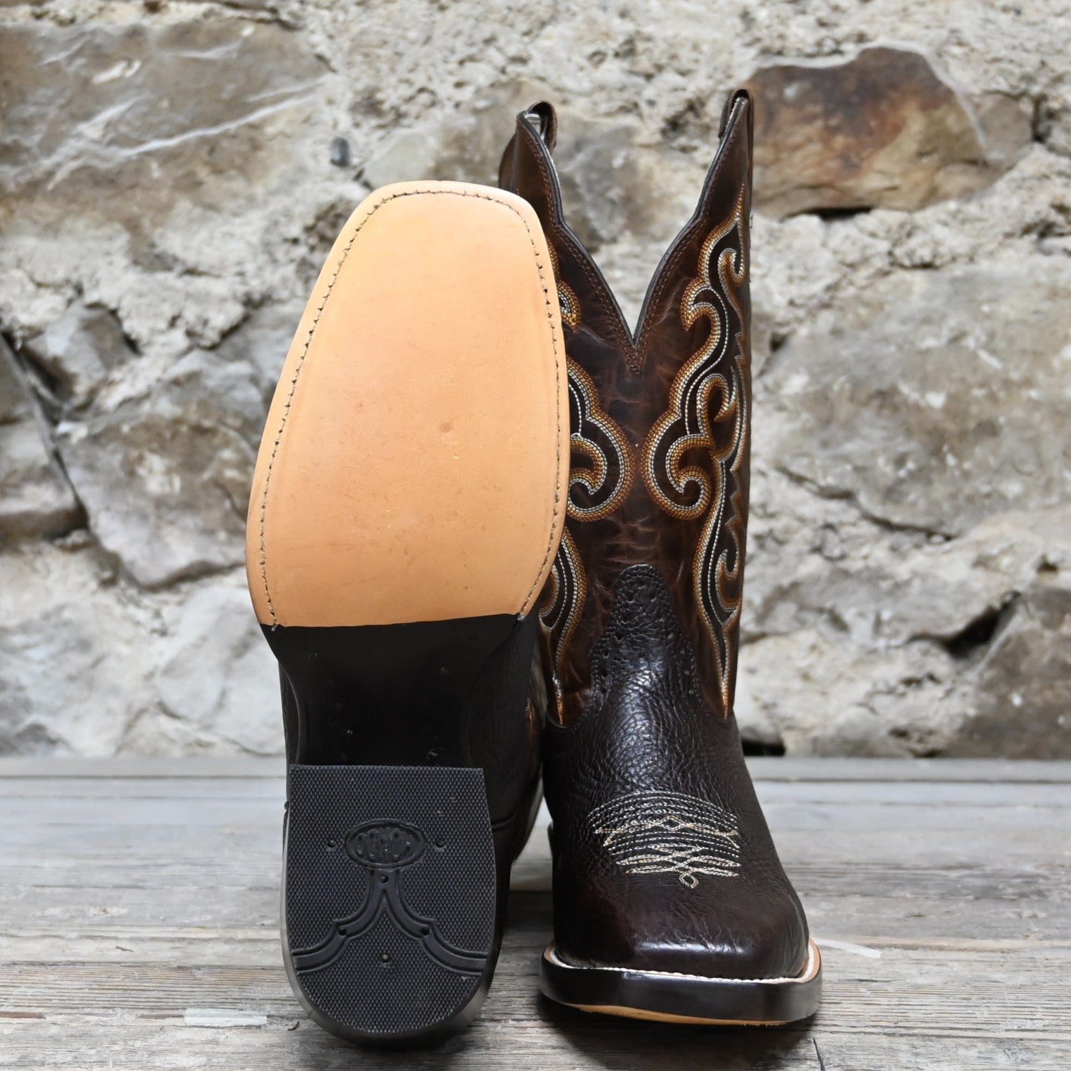 View of Hondo 13" cowboy boot with brown volcano top, chocolate Spanish shoulder vamp, and medium square toe