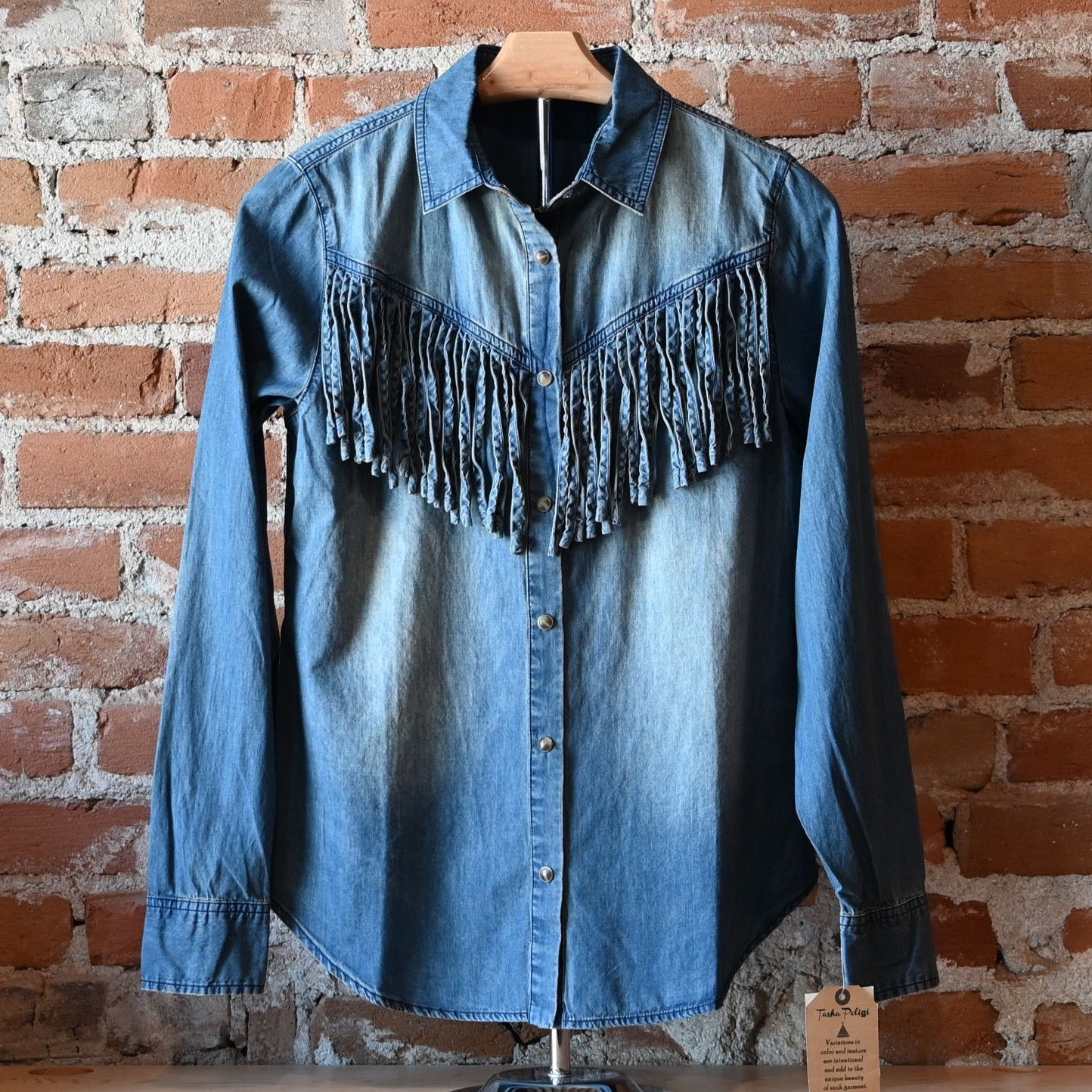 Washed blue denim Hart Shirt by Tasha Polizzi with self-fringe along front and back yokes