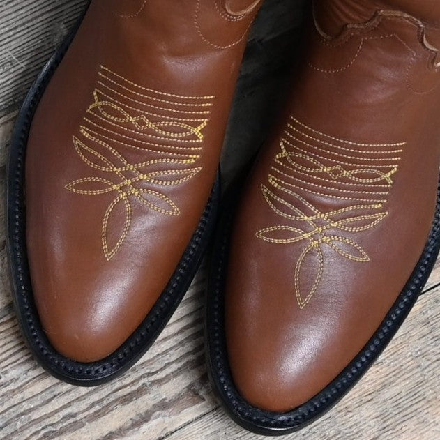 Olathe 17" tall leather polo style boot with brown mule vamp and roper heel