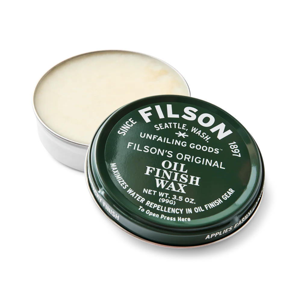 Filson oil finish wax tin used for reproofing Tin Cloth and Rugged Twill garments