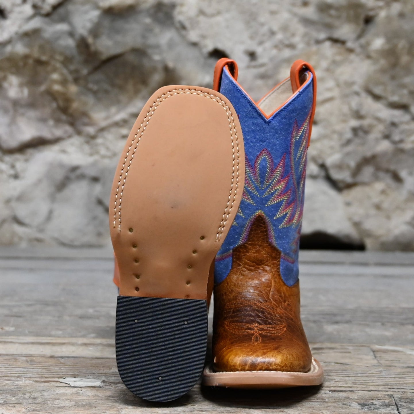 View of Horse Power Kids boot with Havana bullfrog vamp and blue jean floral shaft