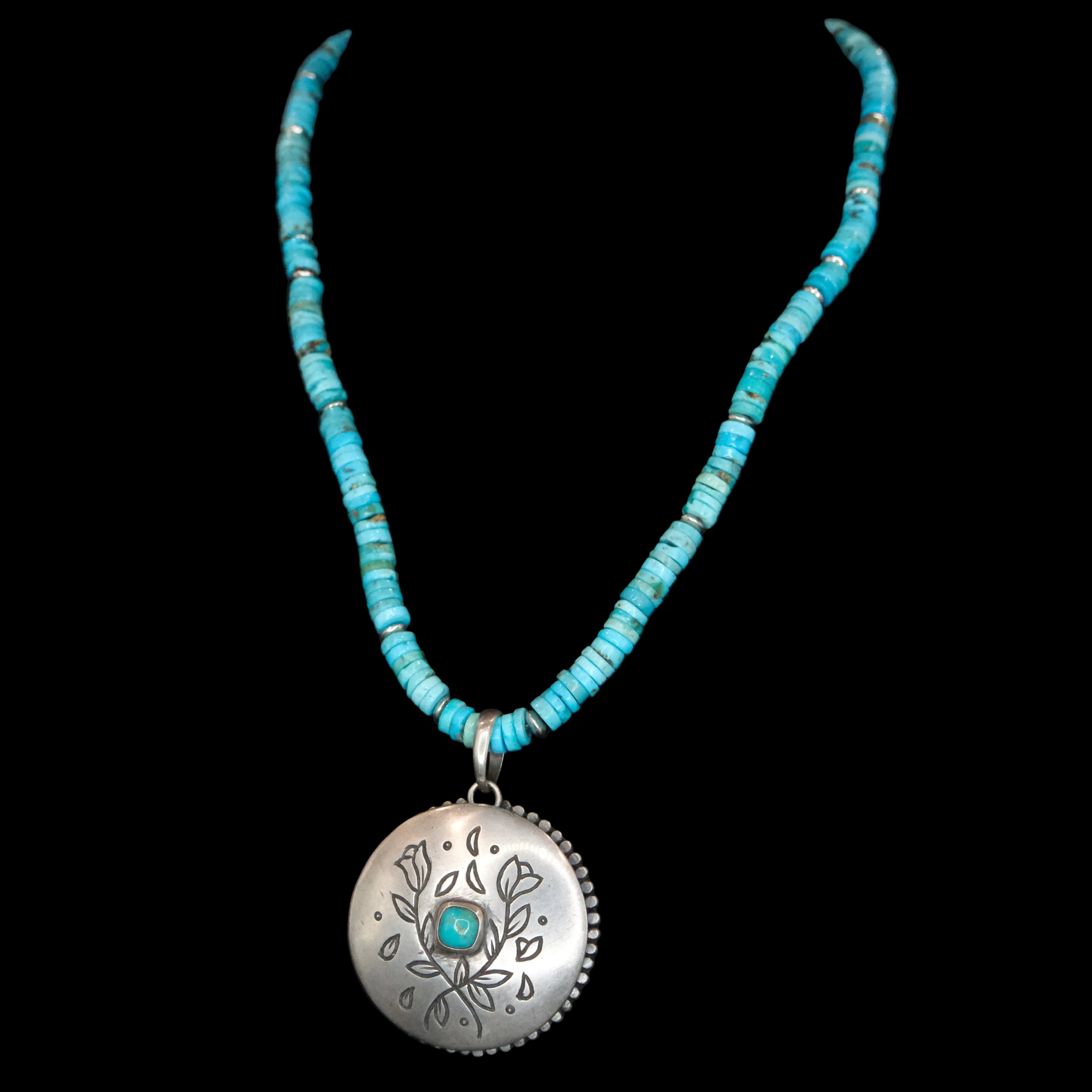 Peyote Bird turquoise beaded necklace with silver and turquoise locket displayed on black bust