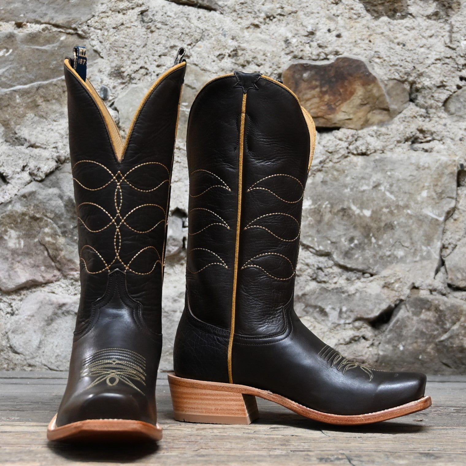 View of Hyer MAIZE 13" boots showcasing chocolate Chocolate Ranch Hand cowhide vamp and shaft with Cutter toe and leather stacked heel