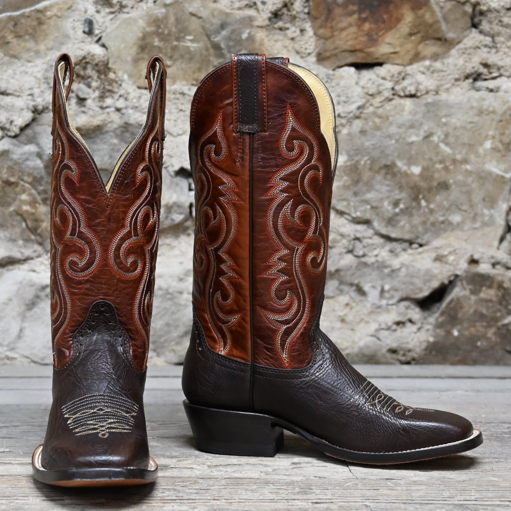 View of Hondo 13" cowboy boot with rust volcano top, chocolate shoulder vamp, and medium square toe