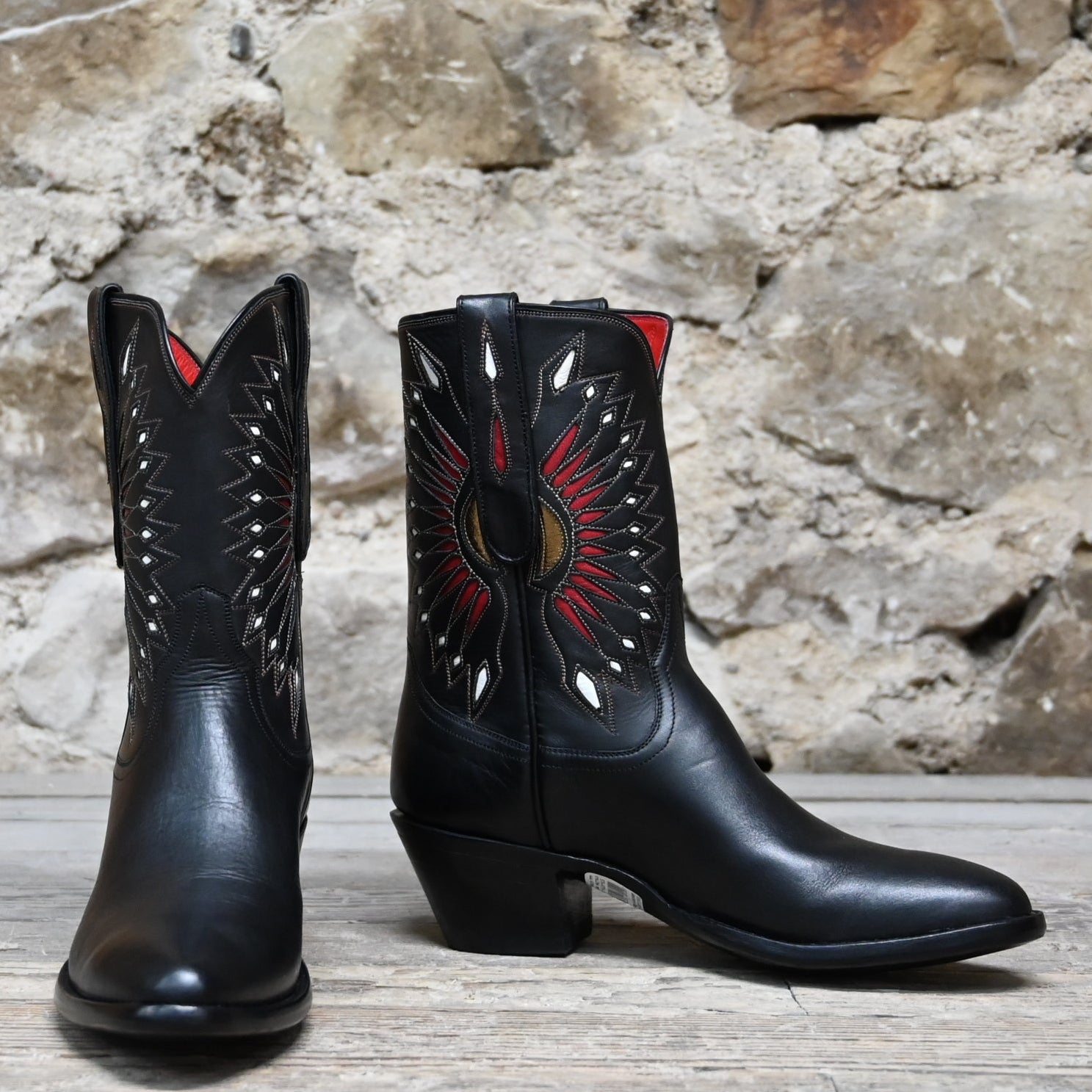View of Stallion Ladies 9" Peewee boot in black calf with moonburst inlay and 2" heel