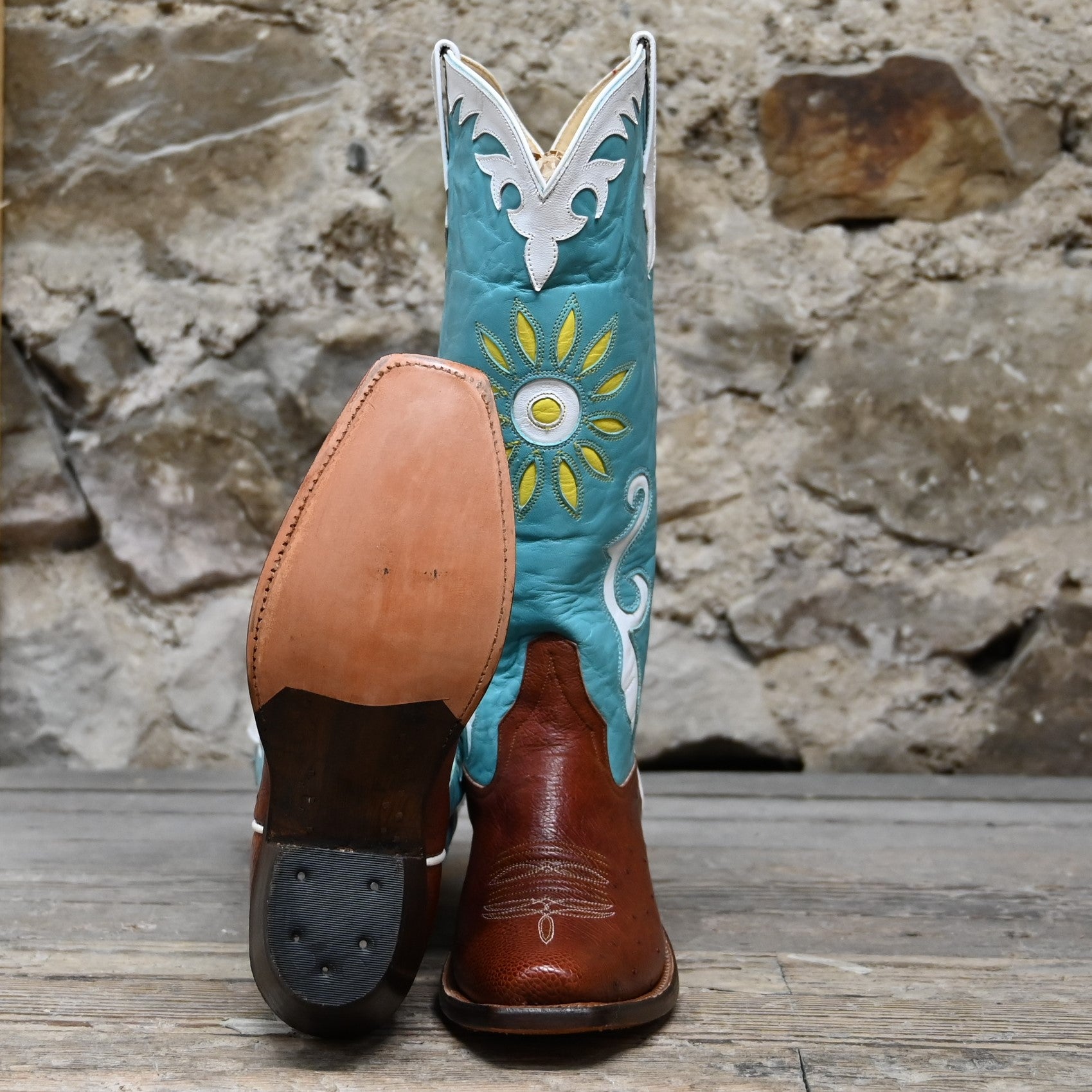 View of Rios of Mercedes ladies 16″ emerald top boot with almond ostrich vamp and yellow floral detail