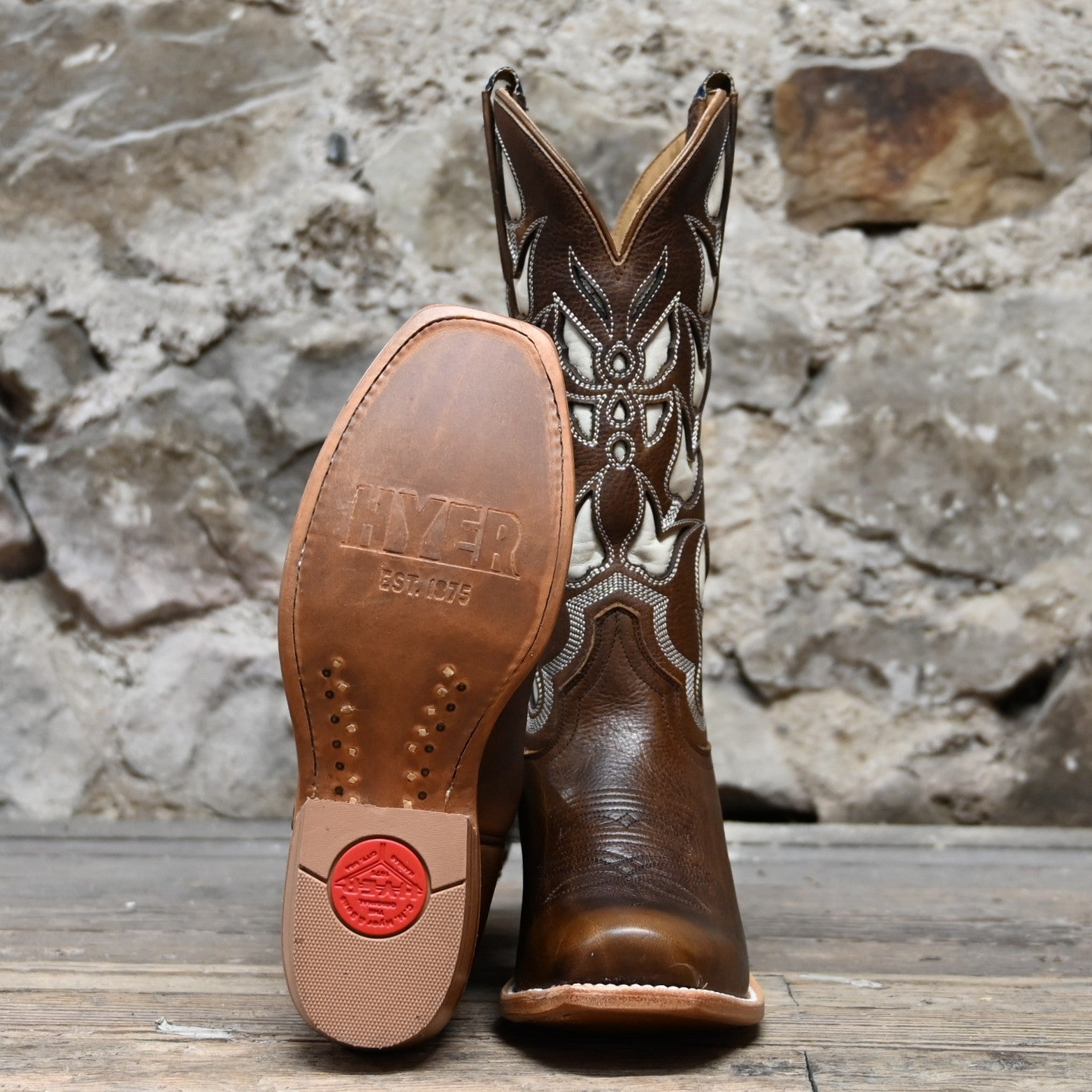 Hyer ROZEL 13" boots showcasing walnut cowhide vamp and top with cream cowhide underlay design, Cutter toe, and leather stacked heel