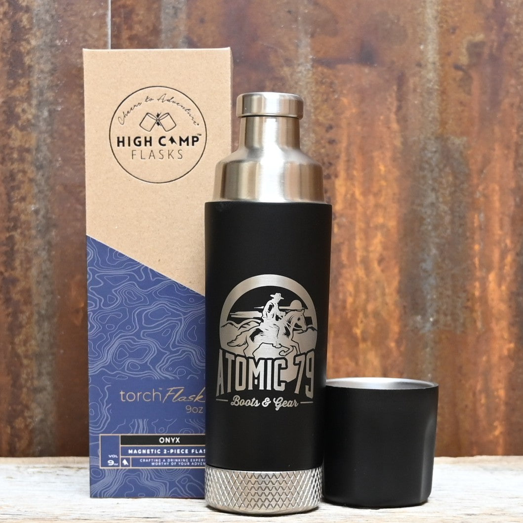 High Camp Torch Flask Onyx Edition 9oz with Atomic 79 logo and magnetic tumblers.