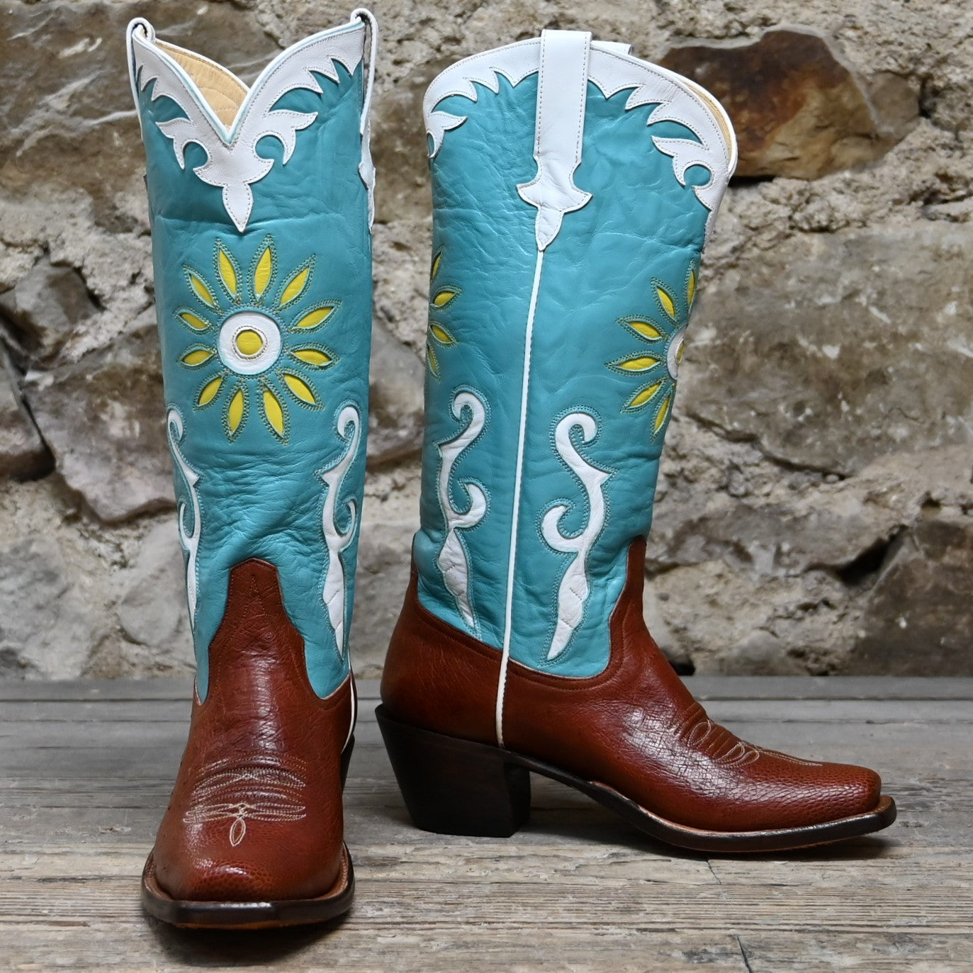 View of Rios of Mercedes ladies 16″ emerald top boot with almond ostrich vamp and yellow floral detail