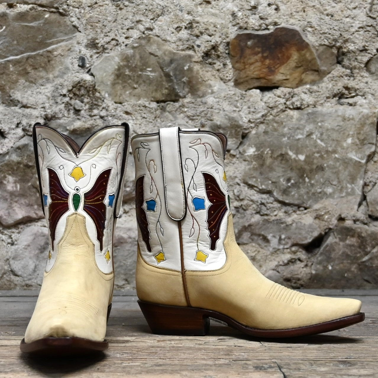 View of Stallion Ladies 8" "J.S. Butterfly" boots in tan and beige nubuck with butterfly inlays