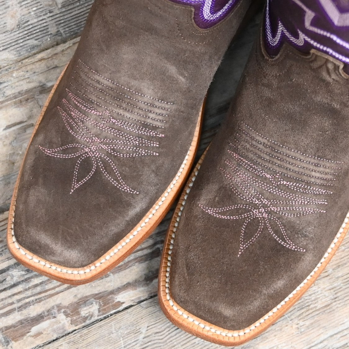 View of Hyer CULVER 13" boots showcasing chestnut napped roughout leather vamp and eggplant vintage goat upper with Cutter toe and underslung heel