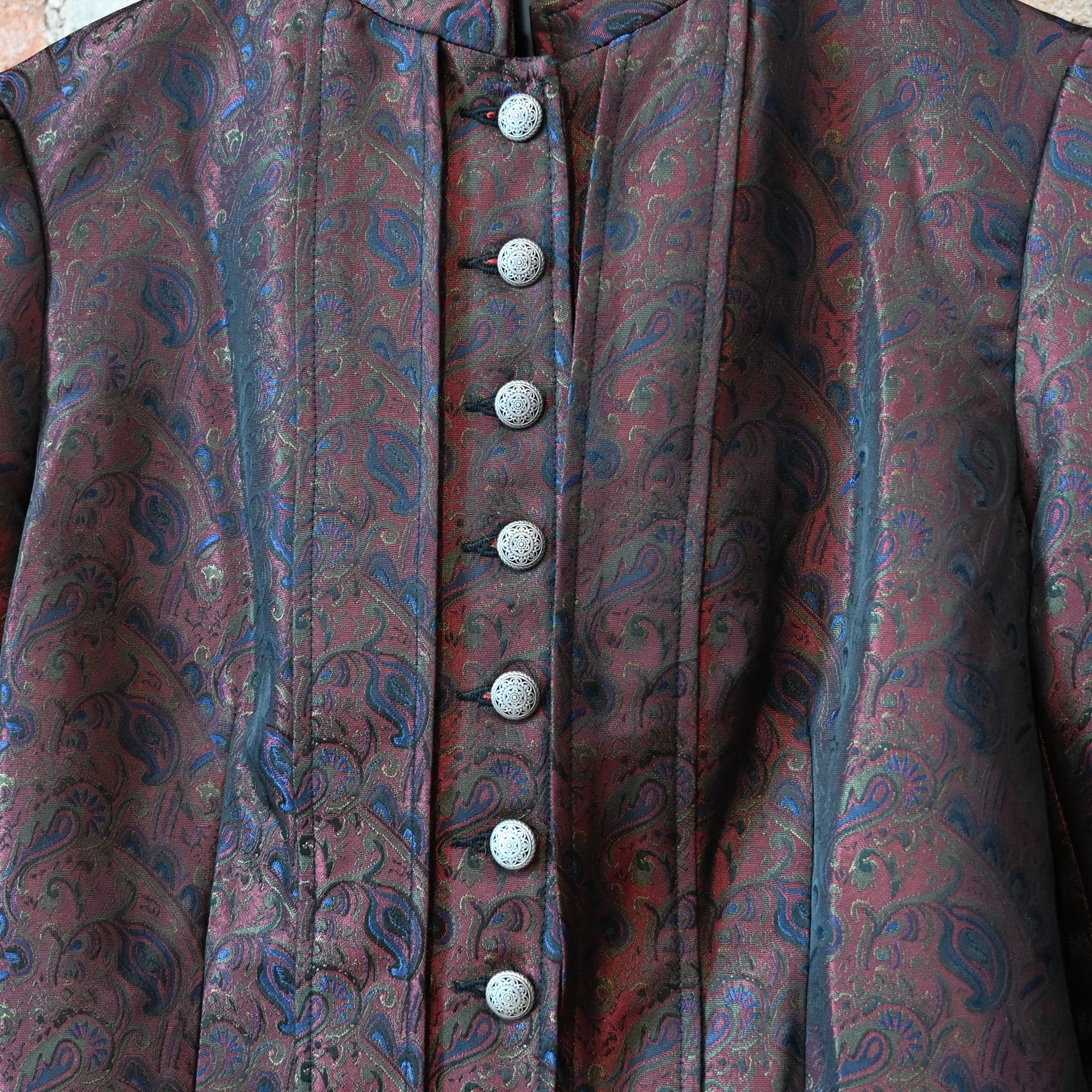 Frontier Ladies Victoriana Jacket Red Blue Green Brocade Front View