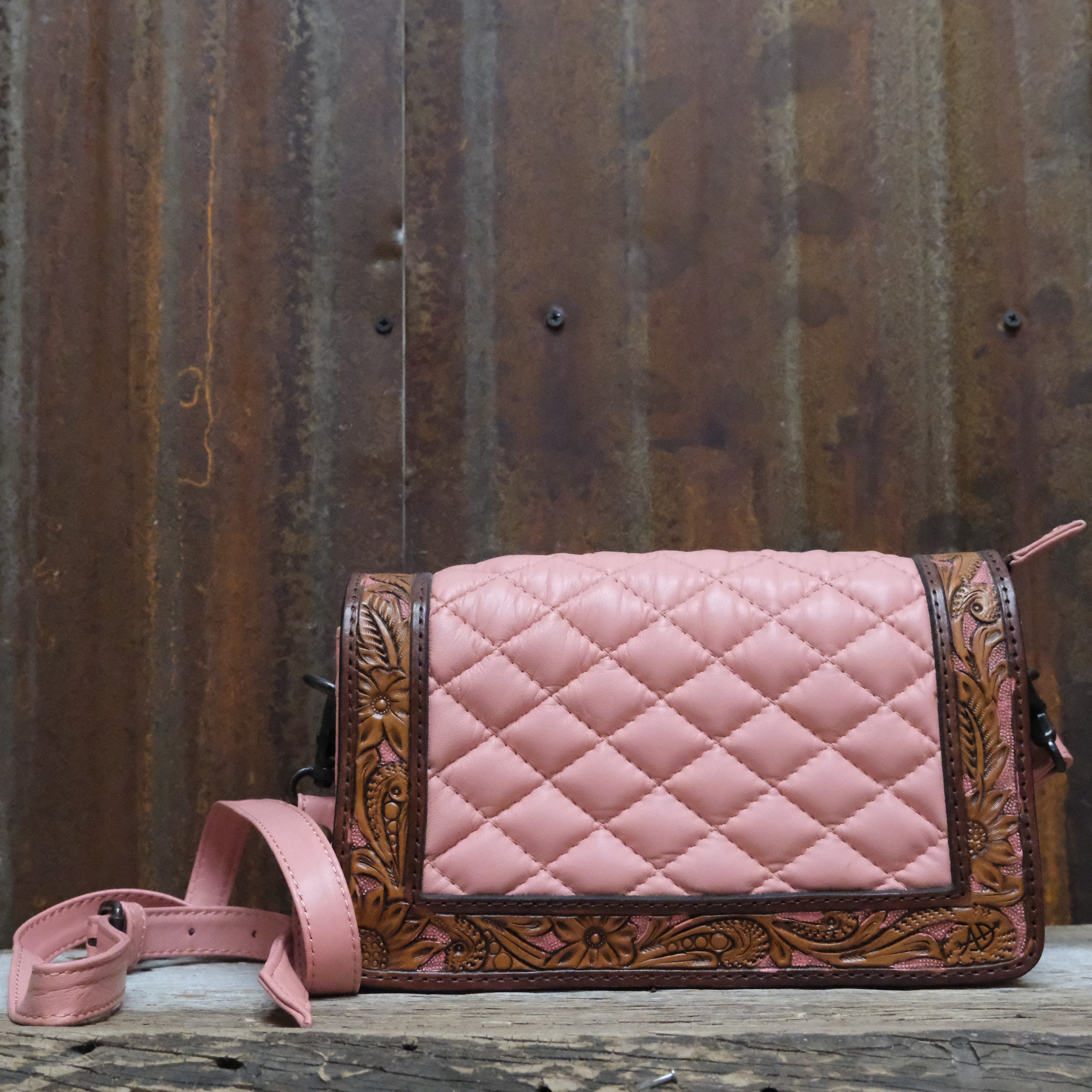 American Darling quilted leather crossbody bag in pink with tooled floral border