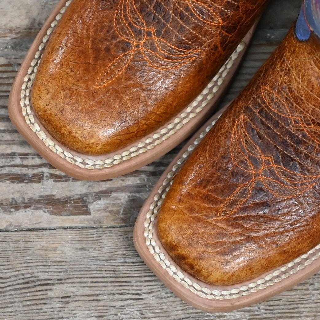 View of Horse Power Kids boot with Havana bullfrog vamp and blue jean floral shaft