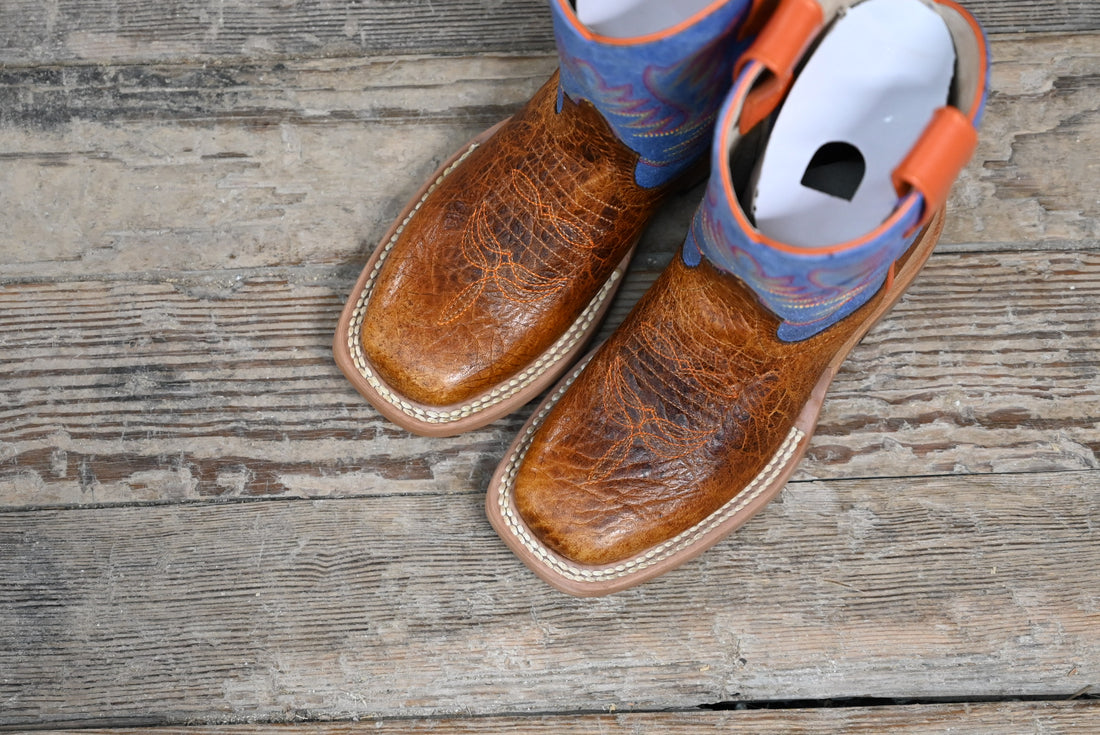 View of Horse Power Kids boot with Havana bullfrog vamp and blue jean floral shaft