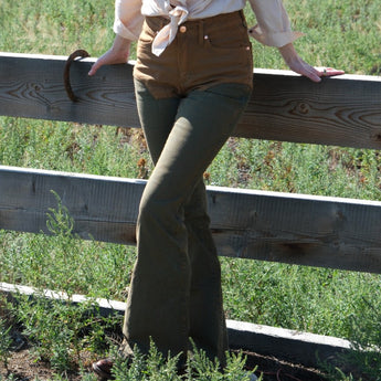 Wrangler x Lainey Wilson Ladies Chap Pieced Flare Jeans in Brown