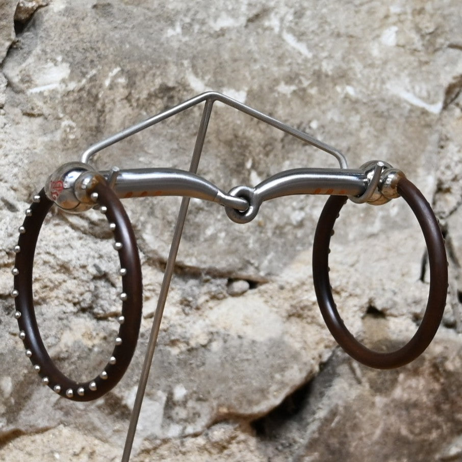Tom Balding Ballhinge Ring Snaffle with sweet iron mouthpiece, copper inlays, and brown dot-finished ring.