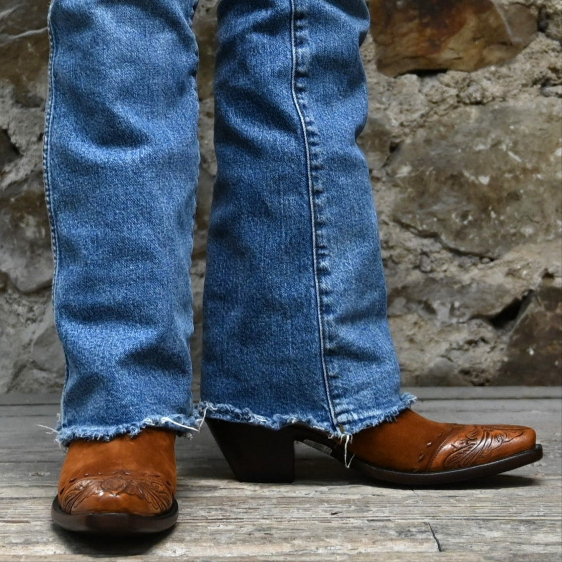 View of Stallion Ladies 10" cognac suede boot with floral tooled leather top and rounded toe