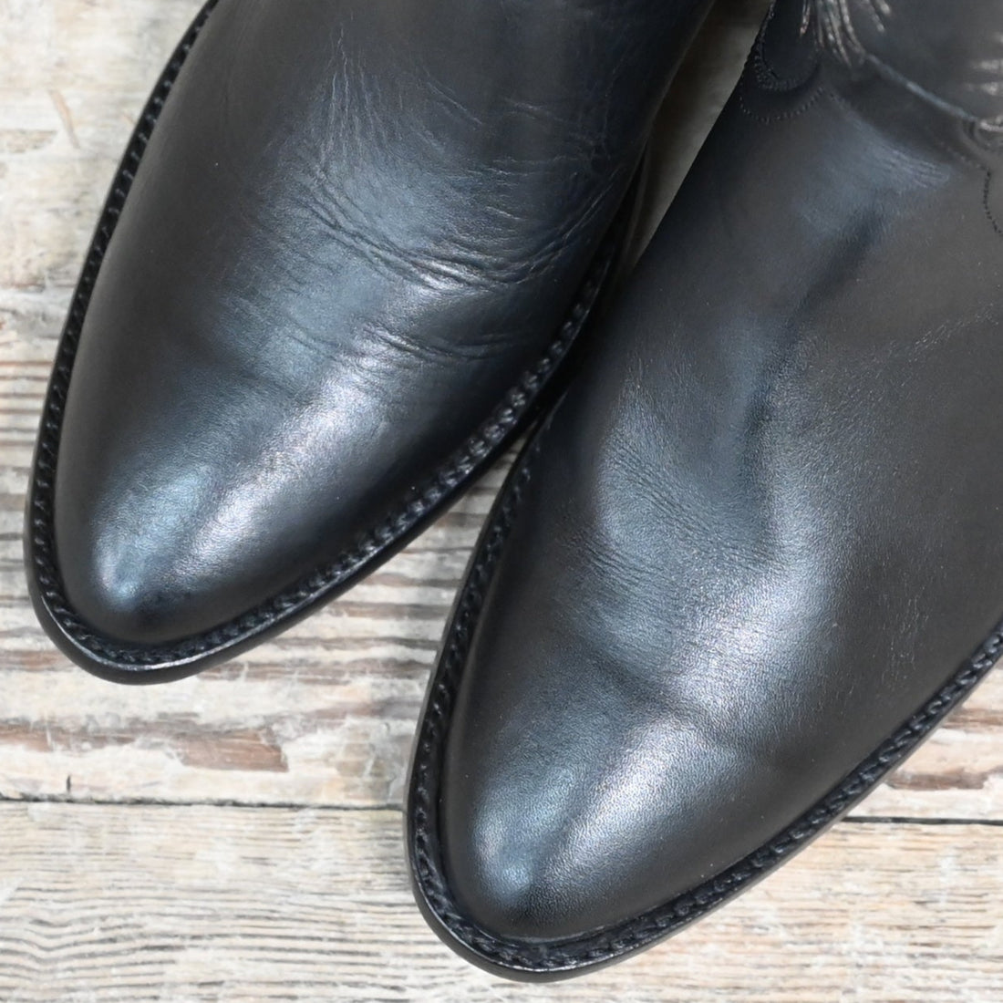 View of Stallion Ladies 9" Peewee boot in black calf with moonburst inlay and 2" heel