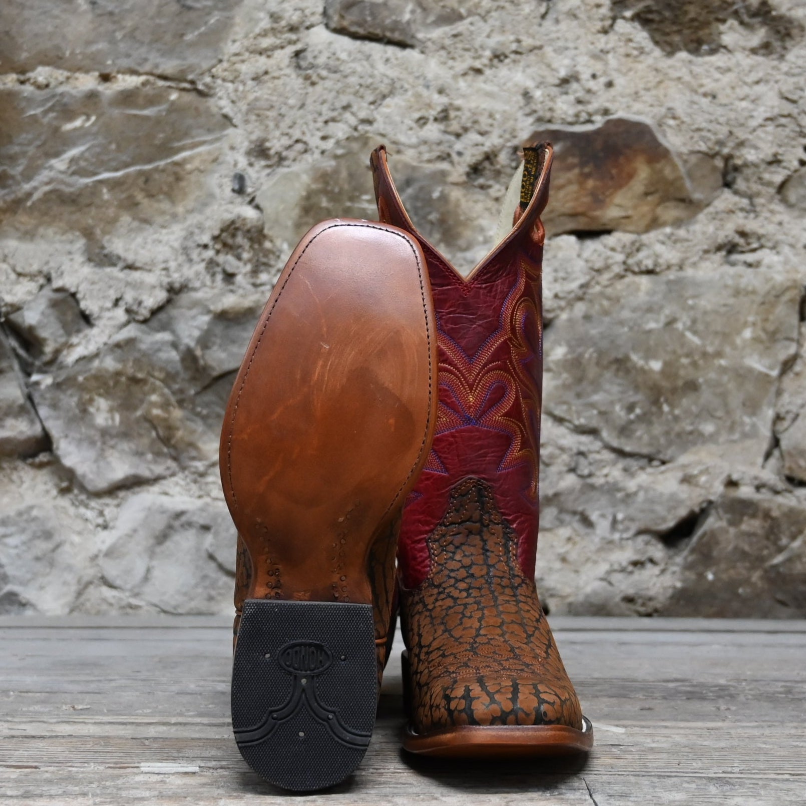 View of Hondo 13" cowboy boot with red volcano top, sand nubuck bullhide vamp, and medium square toe