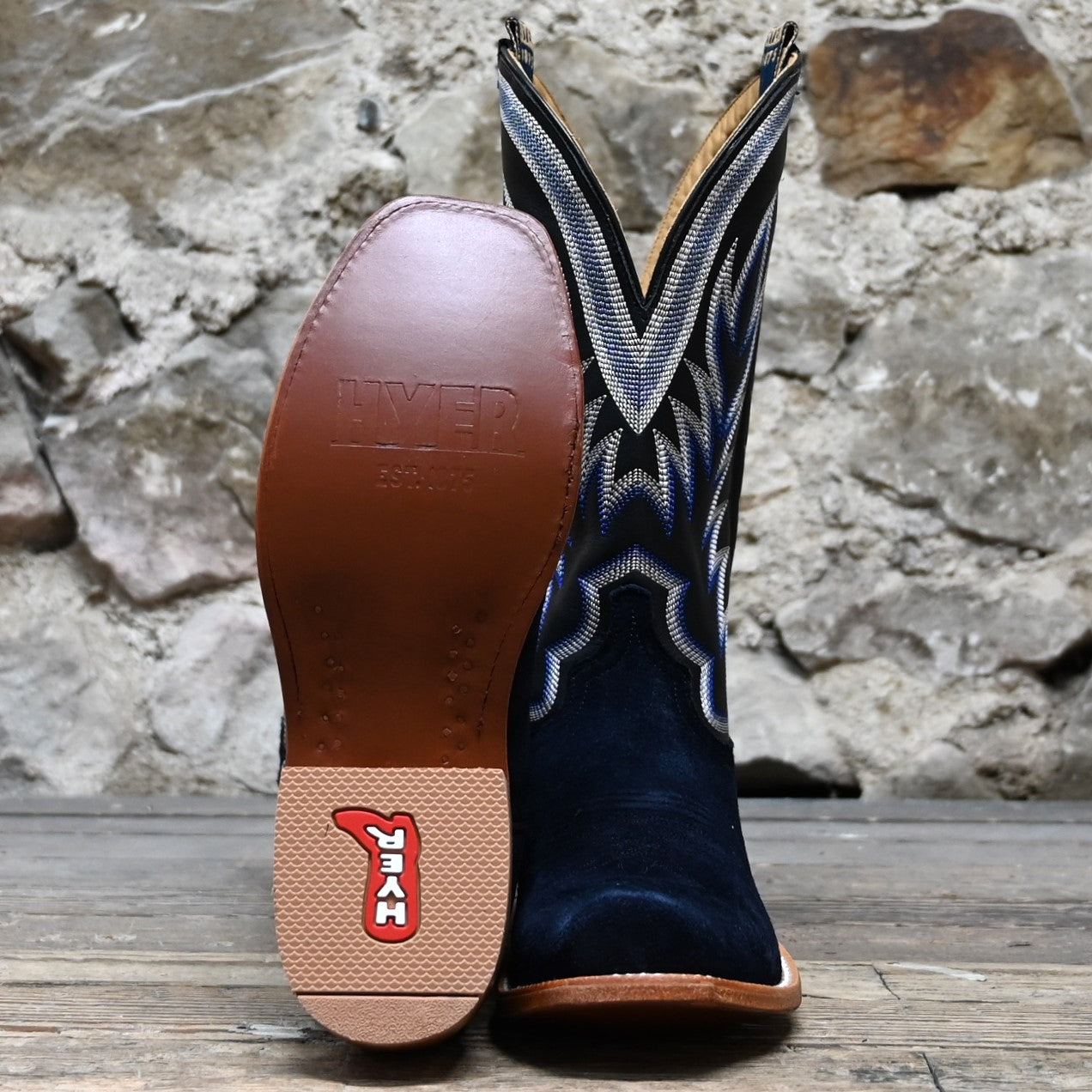 View of Hyer CULVER 13" boots showcasing Dark Navy roughout leather vamp and Black Top-Shelf cowhide top with Cutter toe and underslung heel