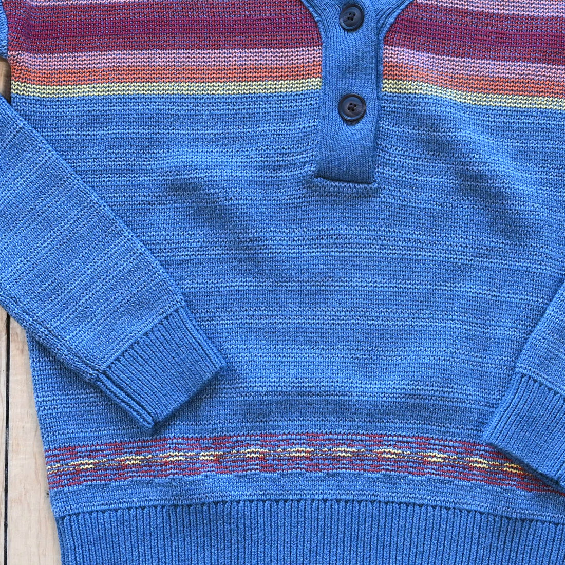 View of Pendleton ladies V-neck cotton sweater in blue multi stripe