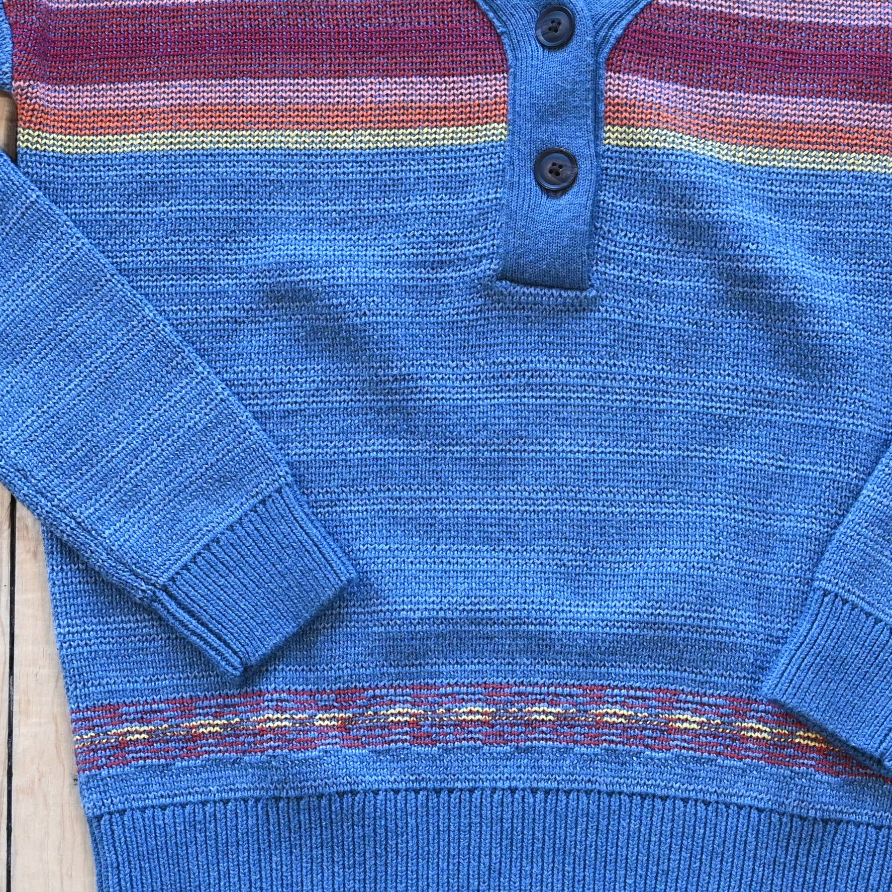 View of Pendleton ladies V-neck cotton sweater in blue multi stripe