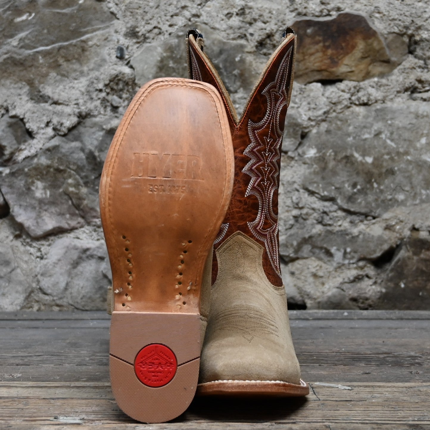 View of Hyer HOLTON 13" boots showcasing sand roughout leather vamp and orange vintage cowhide upper with broad square toe and Stockman block heel