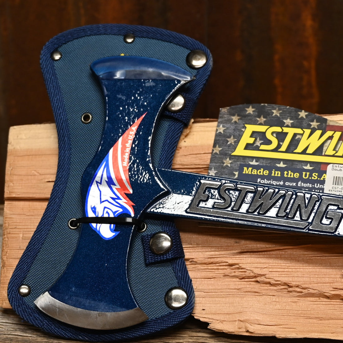 Estwing Black Eagle Double Bit Axe with blue handle and forged steel head