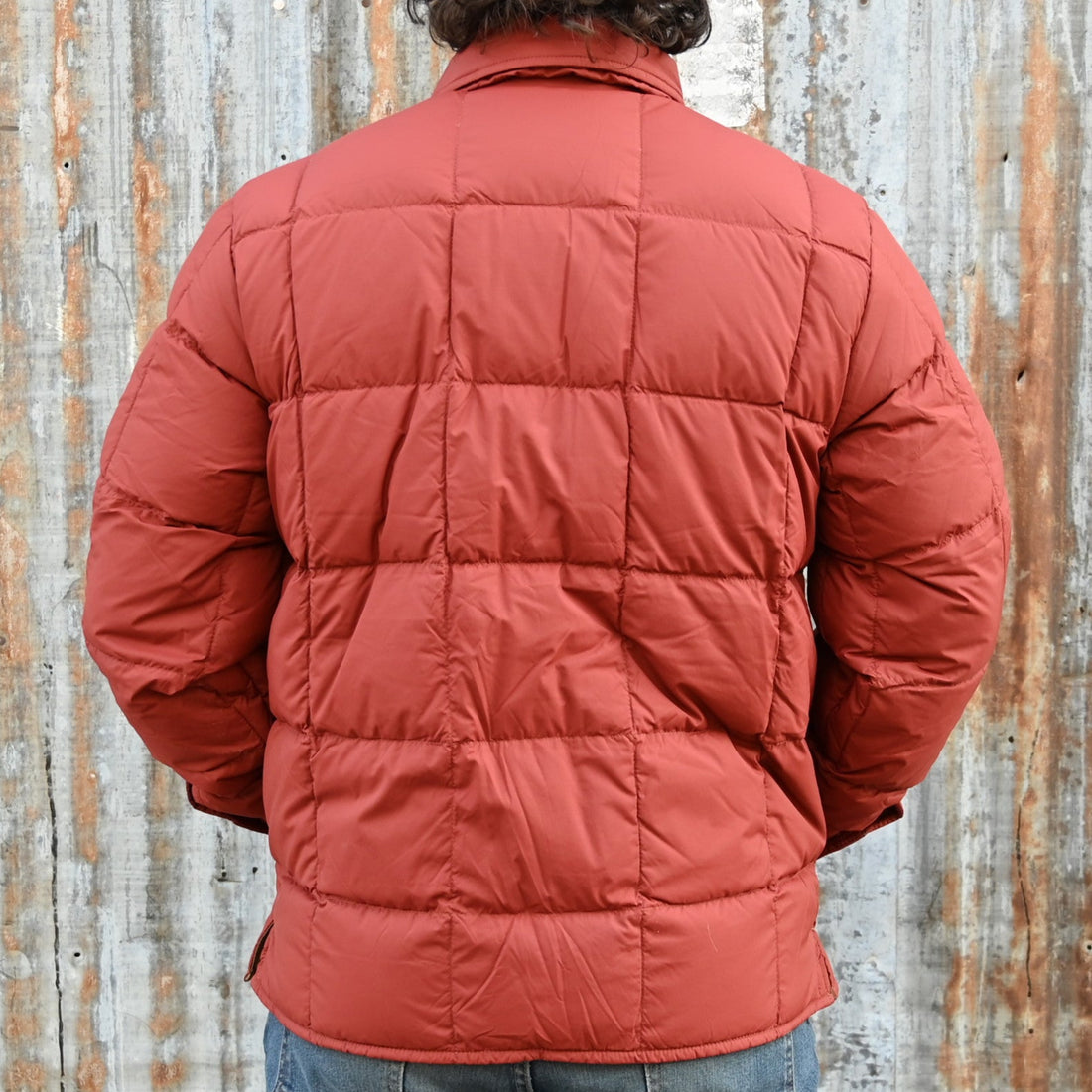 View of Filson Lightweight Down Jac-Shirt in Madder Red featuring snap-front closure, chest pockets, and flannel-lined handwarmer pockets