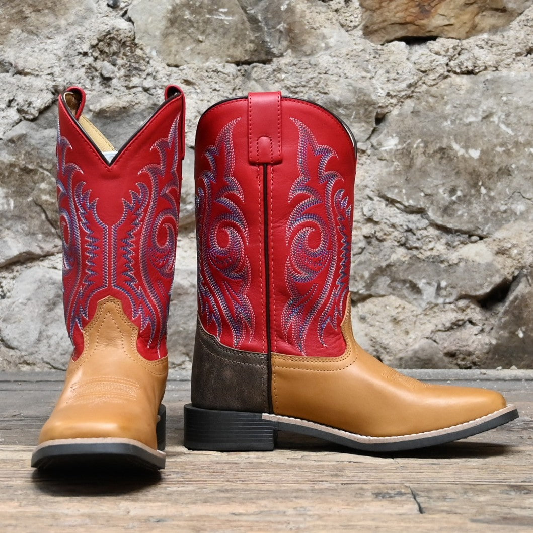 Smoky Mountain Barrett Boot with red shaft and tan vamp, square toe
