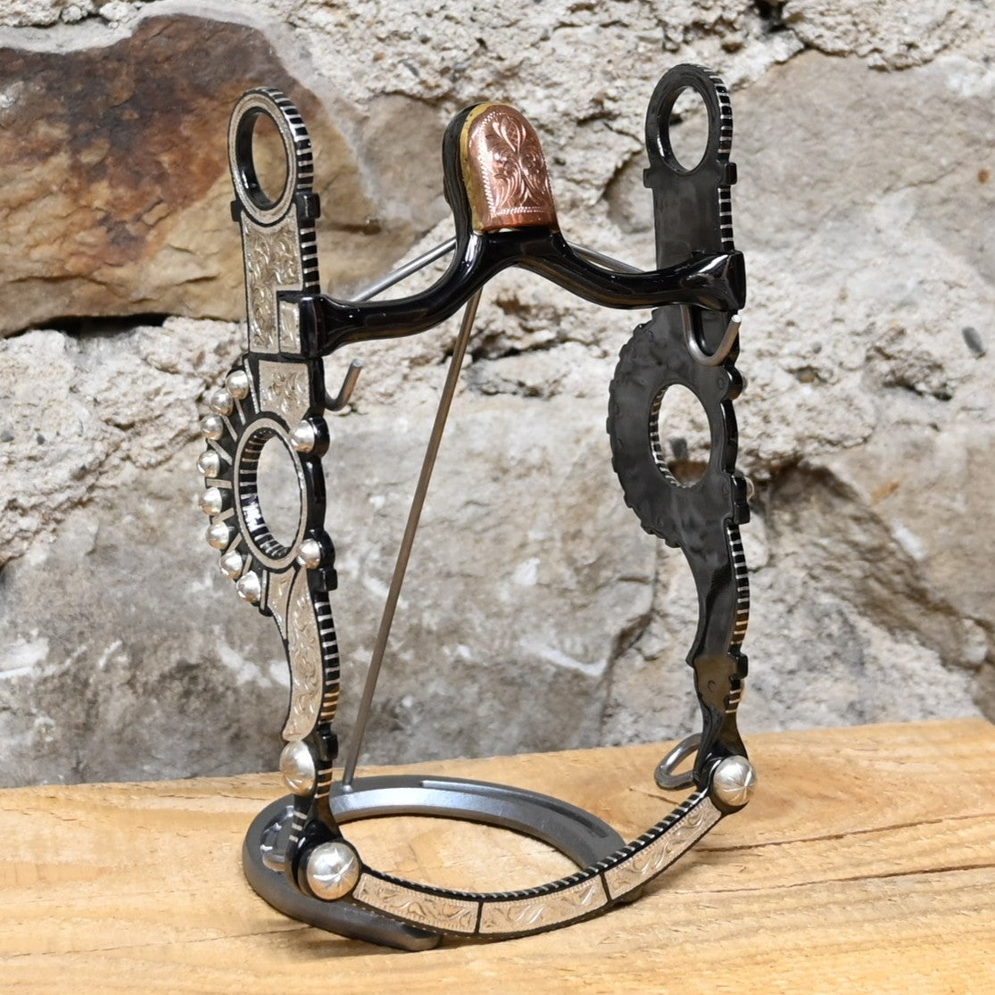 JT Silversmiths Santa Barbara cheek bit with Mona Lisa mouthpiece and hand-engraved silver inlay