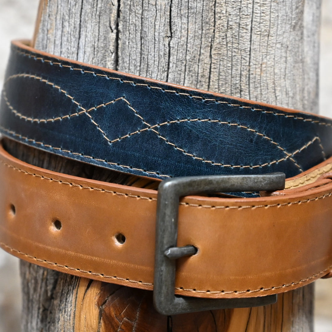Hondo Honey Crazy Horse leather belt with navy Volcano inlay designed to match Hondo Boot 4014