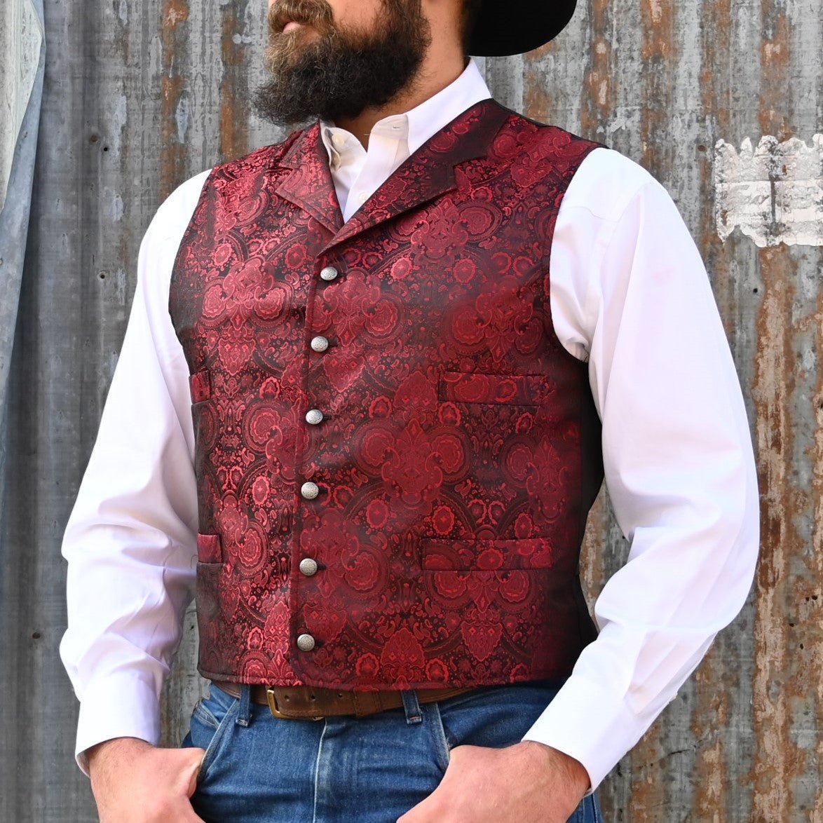 fitted lace wedding dress Men's Red Paisley Brocade Vest