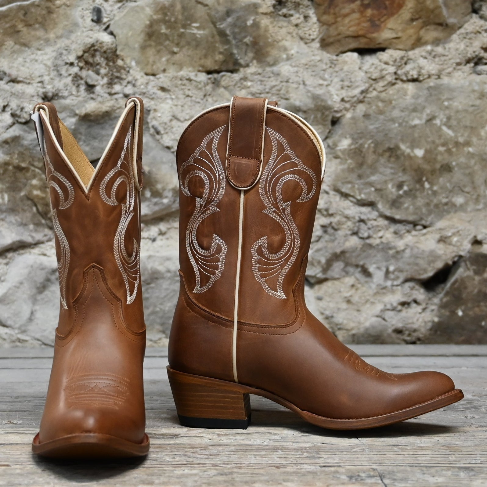 View of Macie Bean 10″ “Hot to Trot” boot in Honey Crazyhorse leather with almond toe and City Girl heel