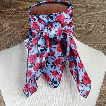 Cowboy Images Charmeuse Pink Roses on Blue Silk Wild Rag 36" x 36"