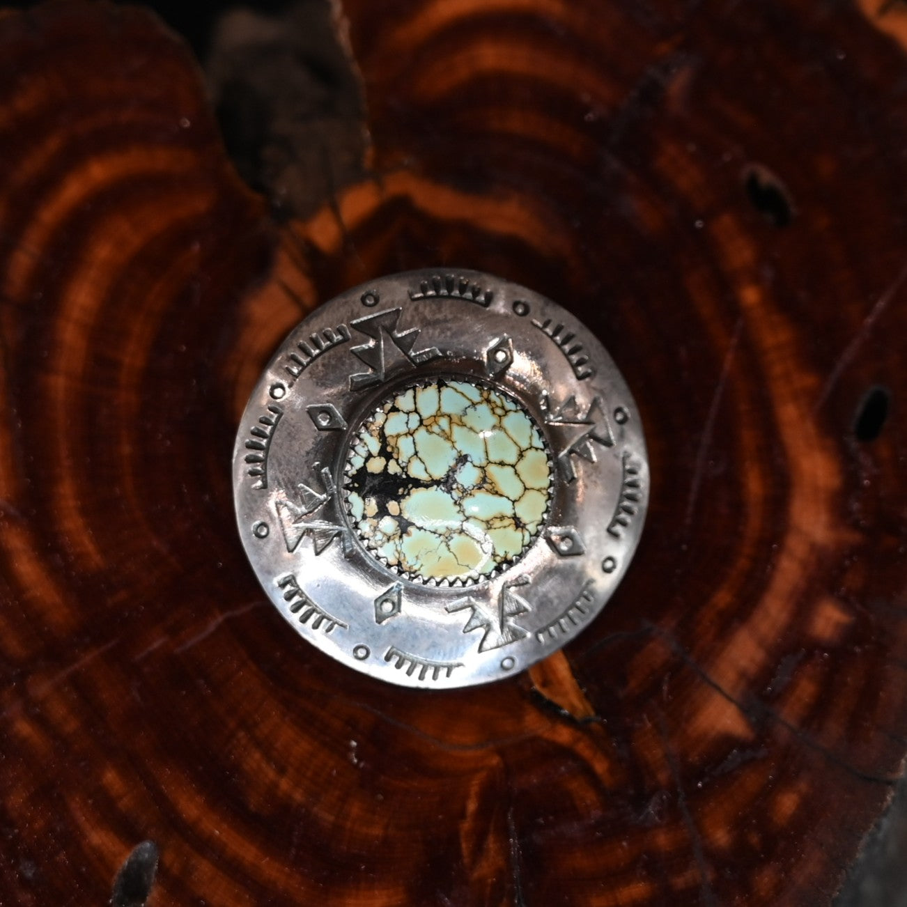 Calico Rose small round sterling silver ponytail cuff with Treasure Mountain turquoise stone, handmade in Montana