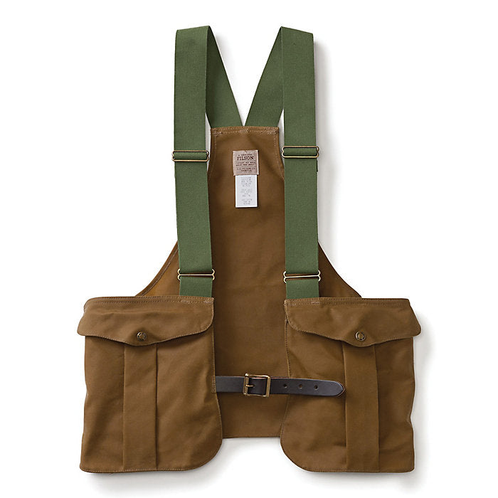 Filson dark tan tin cloth game bag with bridle leather waist belt and dual shell pockets