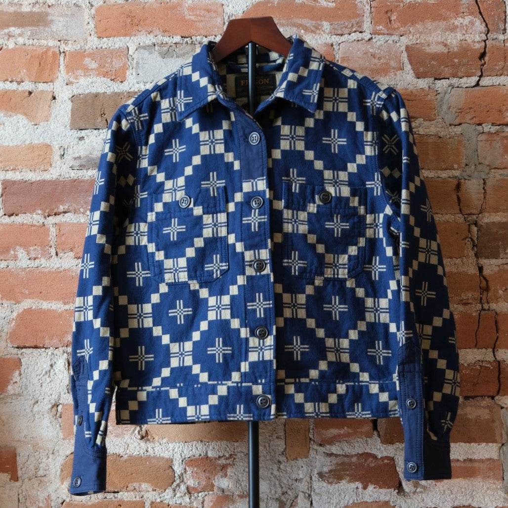 Filson Ladies Colchuck Short Jacket in Navy/Sage Jacquard featuring an intricate graphic pattern and waist-length design.