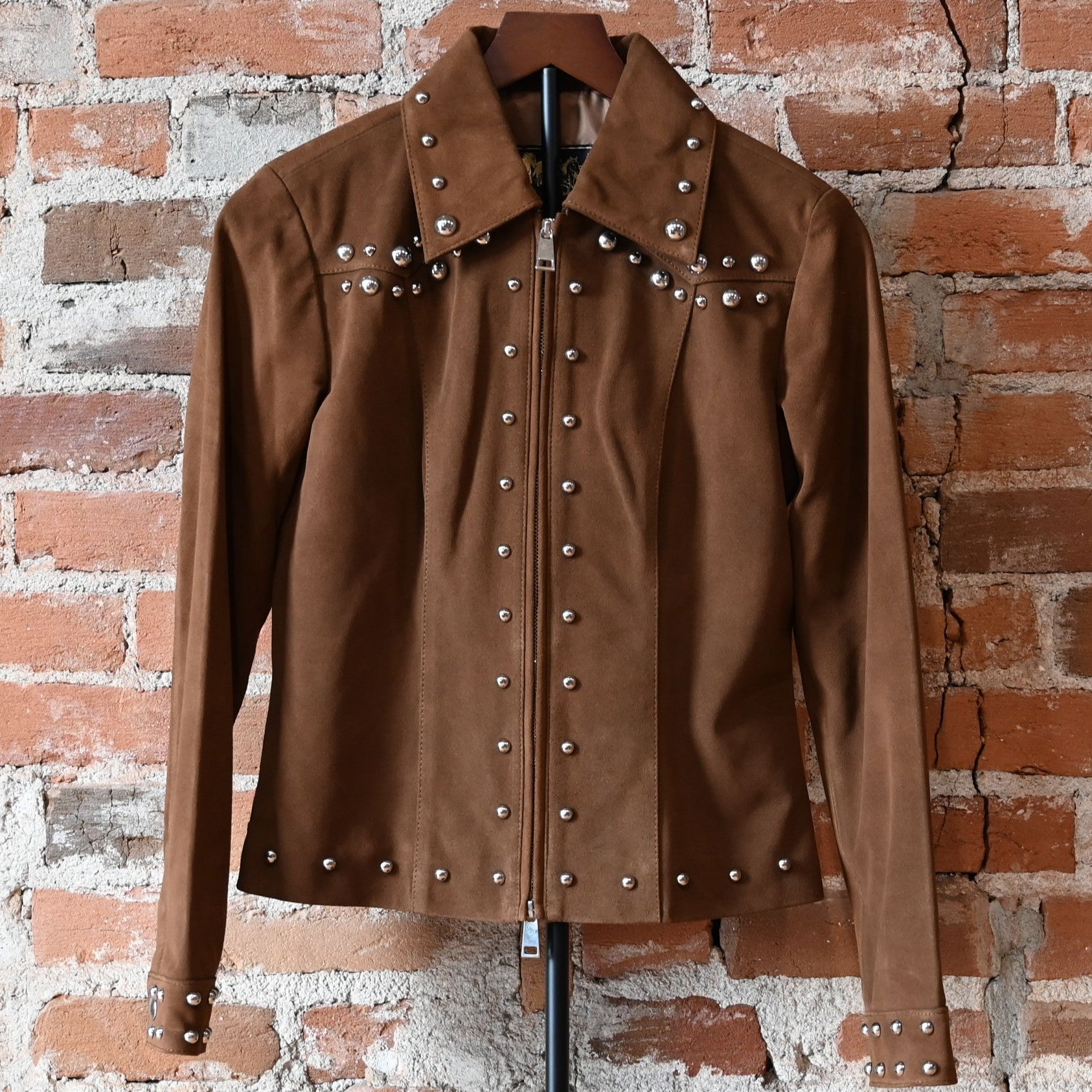 Schaefer ladies pecan studded suede jacket with zip front and Western yoke detailing