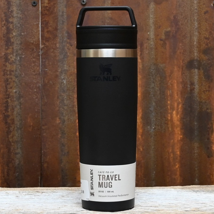 Stanley Black 2.0 20 oz Café‑To‑Go travel mug with loop handle and two‑piece sip lid.