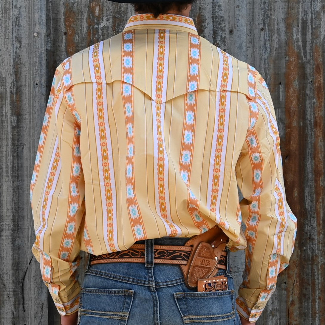 View of Snakeback Western snap shirt with orange and yellow Southwest print and mesh yoke vent