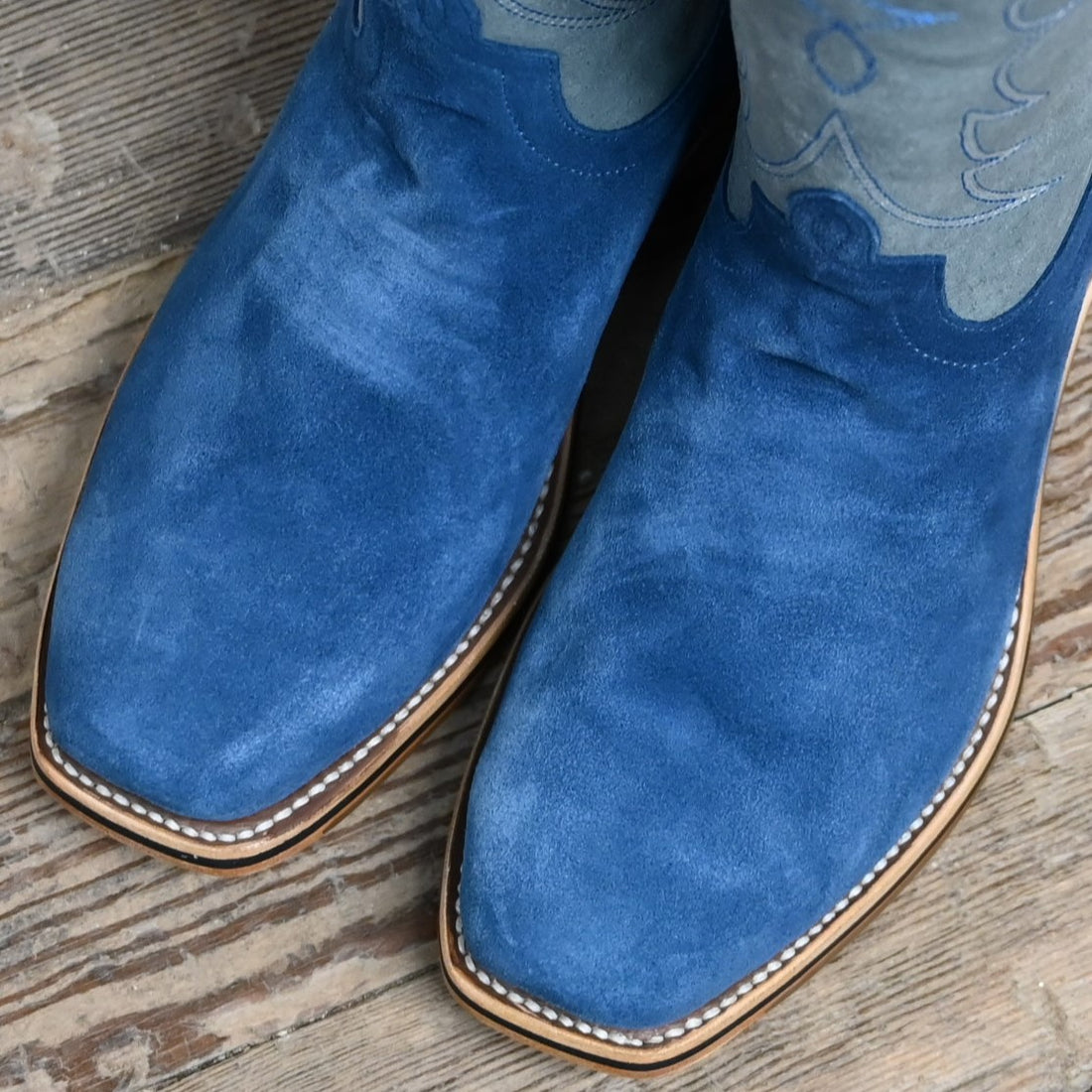 View of Horse Power 11" High Noon boot with turquoise suede vamp, grey top, cutter toe, and pull holes