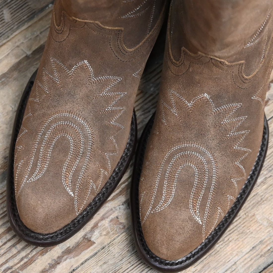 View of Hyer KINSLEY 16" boots showcasing Dijon waxy suede vamp and upper with retro round toe and Western underslung leather stacked heel